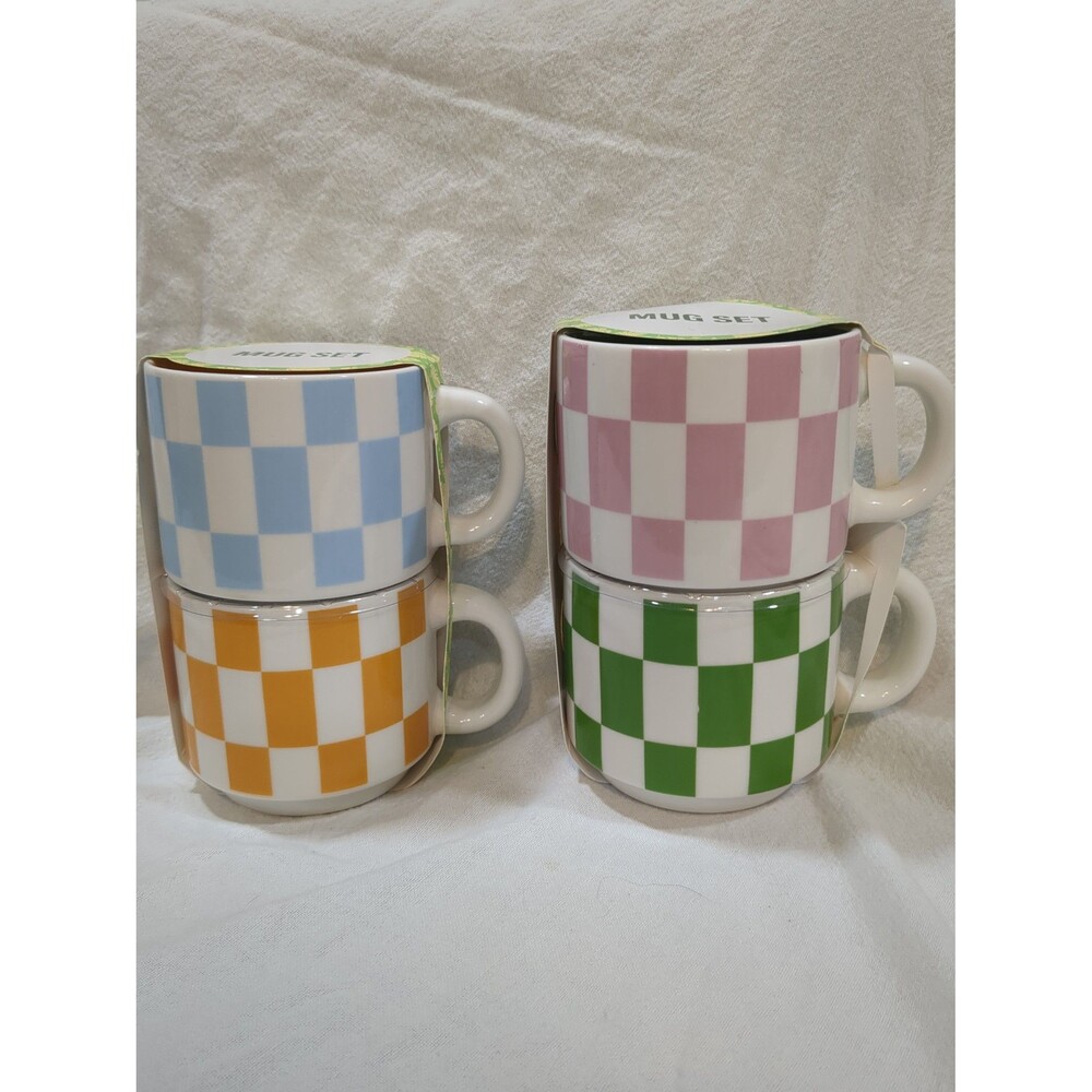 Set of 4 Checkered Coffee Mugs winter fall coffee cocoa pink, green, blue orange
